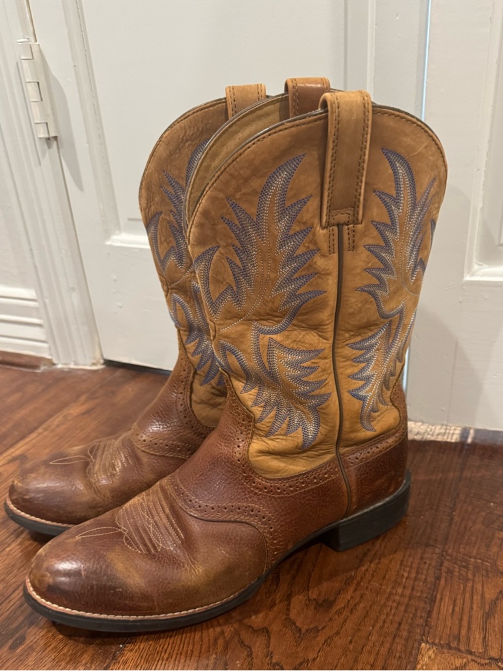 Ariat Brown & Tan Men's Western Cowboy Boots with Blue Stitching